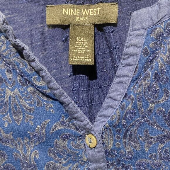 Nine West Jeans Women's Blue Floral Split Neck Rolltab 3/4 Sleeve Blouse Sz XXL - Picture 10 of 12